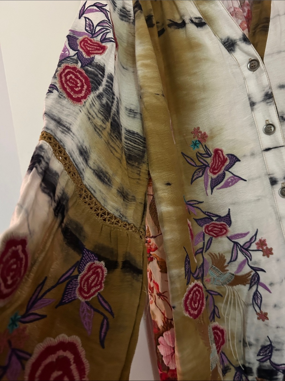Embroidered Tie-Dye Button-Front Tunic in Olive and White - Picture 2 of 5